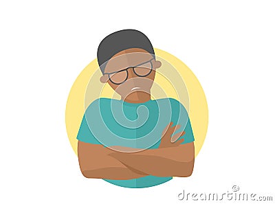 Offended black handsome man in glasses. Insult emotion. Flat design sign. Abused guy. Simply editable isolated on white vector ill Vector Illustration