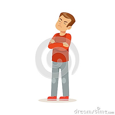 Offended boy character standing with folded arms vector Illustration Vector Illustration