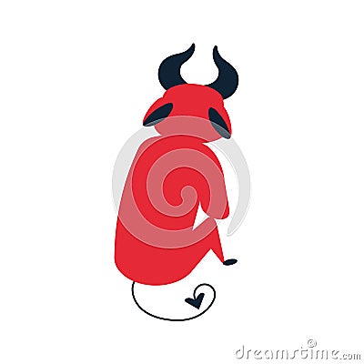 Offended sitting cartoon red devil back vector flat illustration. Upset little demon having sadness isolated on white Vector Illustration