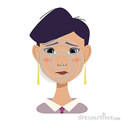 Offended woman avatar with black short fashionable hair, crying face and sad emotions Vector Illustration