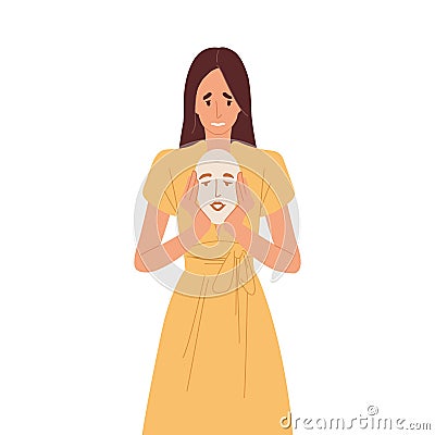 Offended woman hiding her real feelings behind face mask with fake calm emotion. Person disguising offense and Vector Illustration