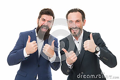 We offer only the best. Happy businessmen give thumbs up hands. Bearded men smile with thumbs up gesture. Gesturing Stock Photo