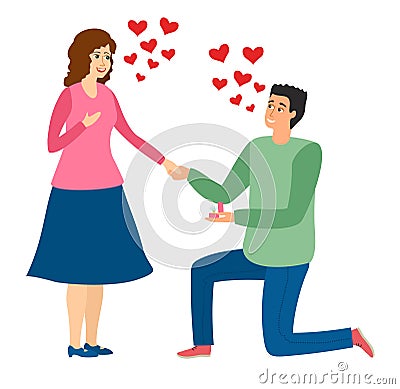 An offer of marriage. Man proposes a woman to marry him and gives an engagement ring. Couple in love. Vector Vector Illustration