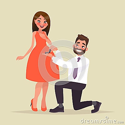 An offer of marriage. Man proposes a woman to marry him and gives an engagement ring Cartoon Illustration