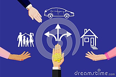 Offer money, finance, sponsorship for the family, home, car. Horizontal vector Vector Illustration