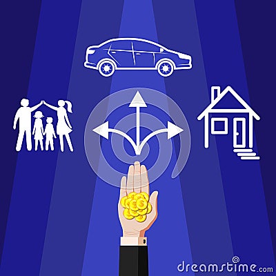 Offer money, finance, sponsorship for the family, home, car. Vector square Vector Illustration