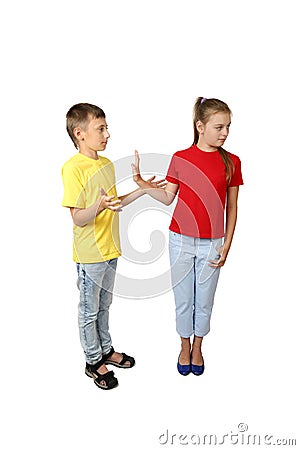 Offer and rejection gesture - teenage boy and girl stand in full Stock Photo