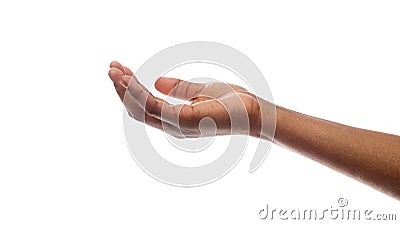 Female hand keeping empty cupped palm isolated on white background Stock Photo