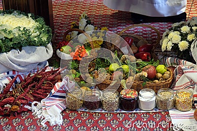 Offerings placed in front of the altar before Mass on Thanksgiving day in Stitar, Croatia Stock Photo