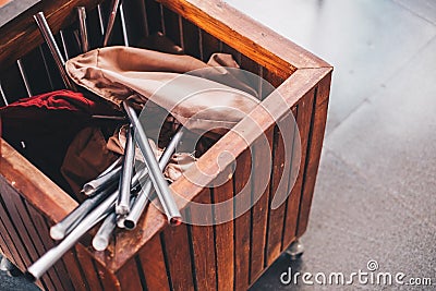 Offertory bags in a wooden box. Stock Photo