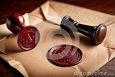 Offical wax seal used to certify identity and authority, on document envelope Stock Photo