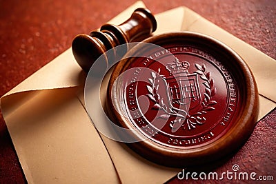 Offical wax seal used to certify identity and authority, on document envelope Stock Photo