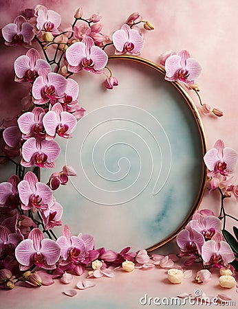 Ethereal Orchid Embrace: Soft Pink Frame, Flower background Stock Photo