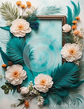 Turquoise Tranquility Background: Floral, pastel and feather Frame Stock Photo