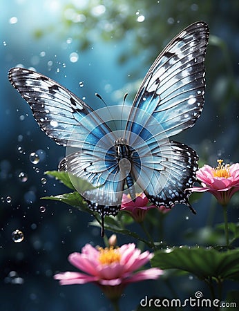 Sapphire Wings Symphony: AI-Rendered Butterfly Ballet Stock Photo