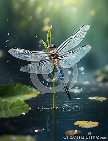 Enchanted Dragonfly Ballet: Macro above te he water in Blue and Turquoise Stock Photo