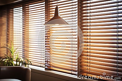 Office blinds modern wooden jalousie, control lighting in meeting rooms Stock Photo