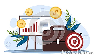 Office briefcase concept. Brown portfolio near flipchart with graphs and diagrams. Organizing efficient work process Vector Illustration