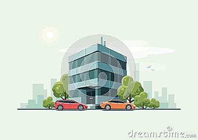 Office Building with Cars and City Background Vector Illustration