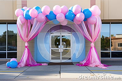 office building entrance draped with a banner and surrounded by balloons Stock Photo