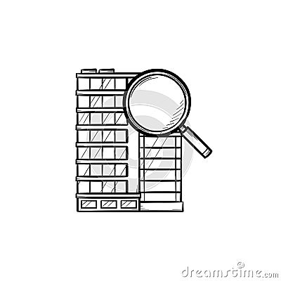 Office building with magnifying glass hand drawn outline doodle Vector Illustration