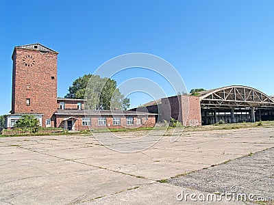 Office buildings and hangar at the old German airfield Noitif. Baltiysk, Kaliningrad region Stock Photo