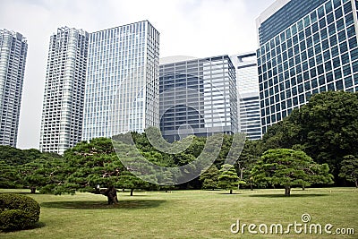 Office buildings surrounding Japanese garden Stock Photo