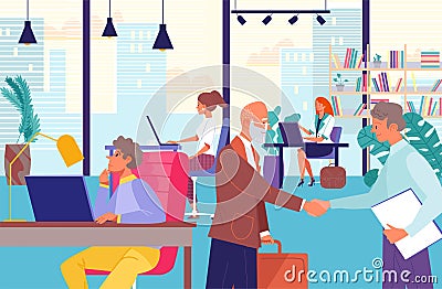 Office business team people at corporate job, vector illustration. Teamwork communication in workplace with computer Vector Illustration