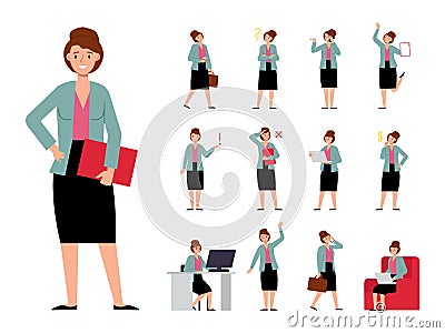 Office business woman character. Female manager working, talk phone and thinking. Girl doubt and find problem solution Vector Illustration