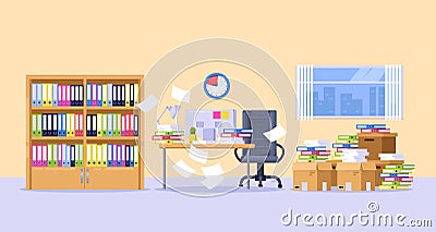 Office cabinet with piles of paper documents, files and folders. Deadline, bureaucracy and paperwork vector illustration Vector Illustration