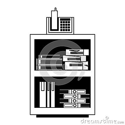Office cabinet with telephone and folders inside in black and white Vector Illustration