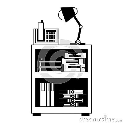 Office cabinet with telephone and folders inside in black and white Vector Illustration