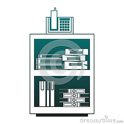Office cabinet with telephone and folders inside blue lines Vector Illustration