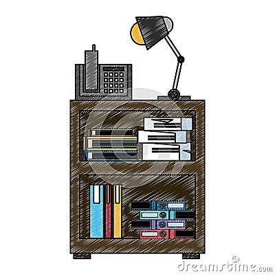 Office cabinet with telephone and folders inside scribble Vector Illustration