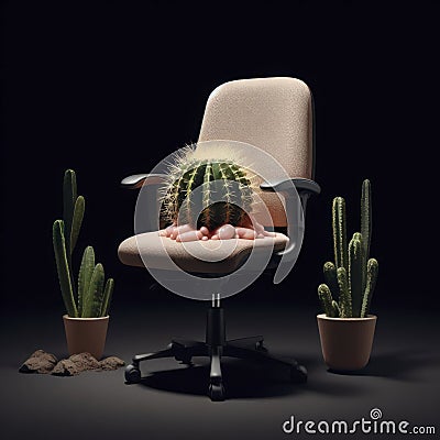 Office chair with cactus on the seat on a black background, hemorrhoids concept. ai generative Stock Photo