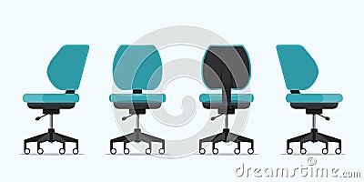 Office chair or desk chair in various points of view. Armchair or stool in front, back, side view. Vector Illustration