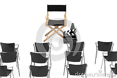 Office Chairs in front of Cinema Director Chair, Movie Clapper a Stock Photo
