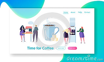 Office Coffee Break Time Landing Page Banner. Business People Character have Lunch. Employees Talking, Resting Vector Illustration