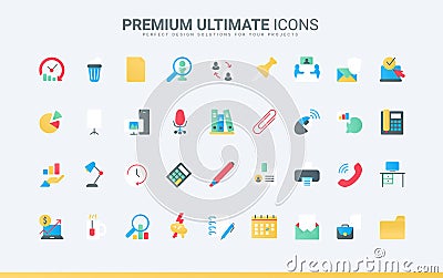 Office communication and documents trendy flat icons set, working team analysis symbols Vector Illustration