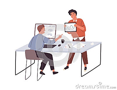 Office communication. Two young male colleagues discussing their business project at the workplace. Flat vector Vector Illustration
