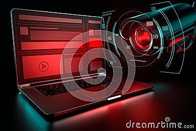 Office computer and cctv searching for sensitive data. Espionage incident concept. 3d rendering Stock Photo