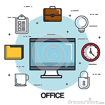 Office computer monitor clock folder briefcase checklist Vector Illustration