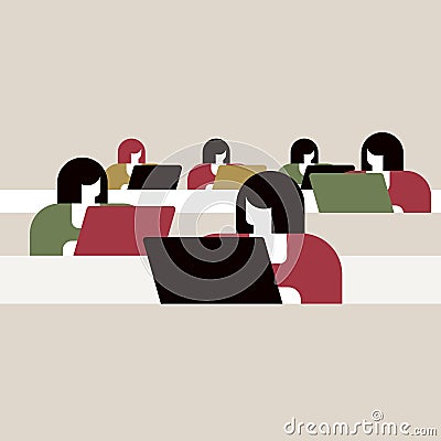 Female students working with their computer systems in a class room Vector Illustration