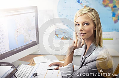 Office computer, travel agent portrait and woman planning world, global or international tour, vacation or holiday Stock Photo