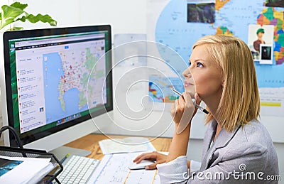 Office computer, travel agent woman and thinking of world, global or international tour, vacation or holiday idea Stock Photo