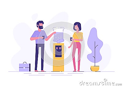 Office cooler chat. Vector flat character design on man and woman talking to each other near office water cooler Vector Illustration