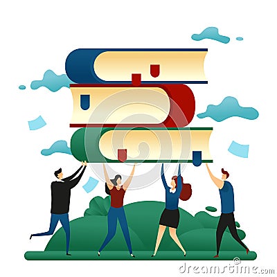 Office Cooperative Teamwork. Business People Holding Books With Knowledge. Business Concept Vector Illustration Vector Illustration