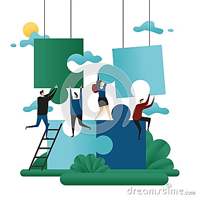 Office Cooperative Teamwork. People Build Puzzles. Problem Solution Business Concept Vector Illustration Vector Illustration