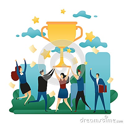 Office Cooperative Teamwork Win. Happy People Victory in the Team. First Place in Business With a Gold Cup. Business Concept Vecto Vector Illustration