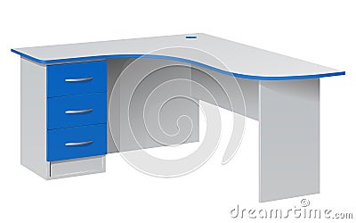 Office corner desk with a bedside table with three blue boxes and a rounded table top Vector Illustration